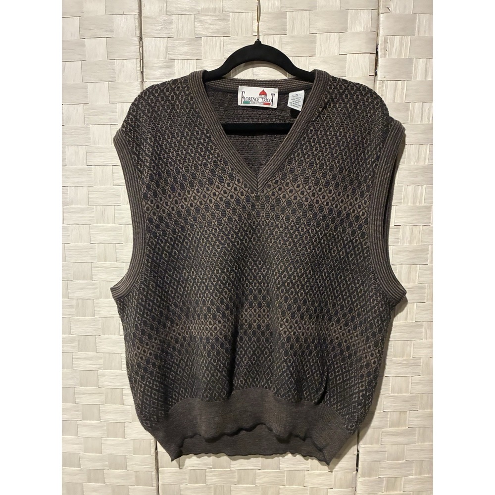 Florence Tricot Mens XL Brown Geometric Knit V-Neck Sweater Vest Made in Italy